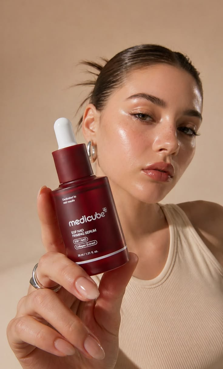 Campanha de sérum facial com modelo